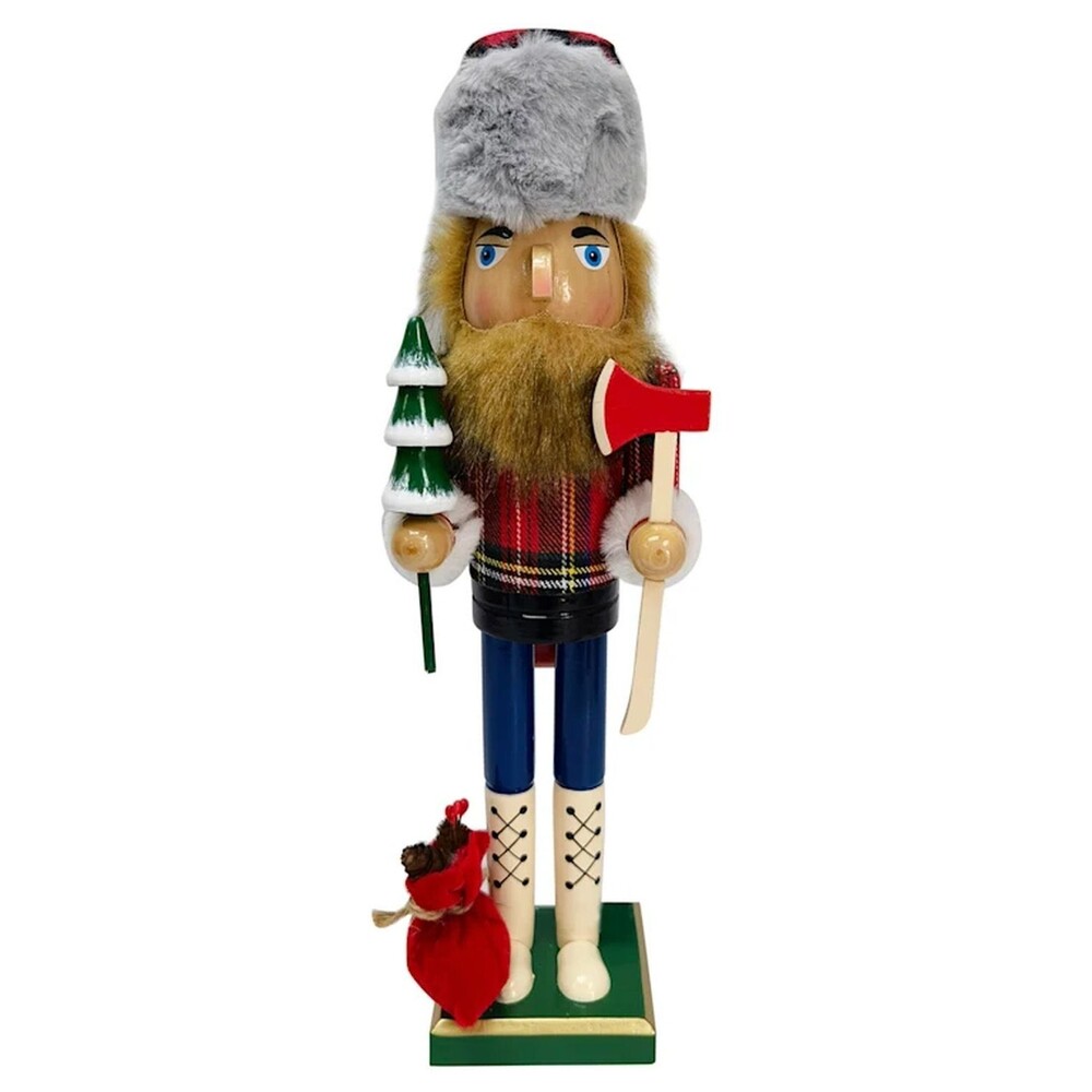 Wooden Christmas Nutcracker, 15", LUMBERJACK MALE W/AXE,DECORATION & RED BAG,ATH